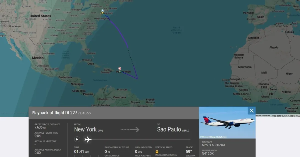 Voo da Delta desvia para Porto Rico por emergência médica e cancela chegada a SP